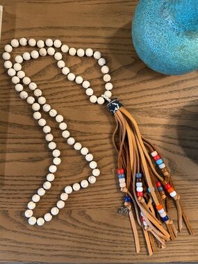 Boho White Beaded Tassel Necklace with Tan Fringe